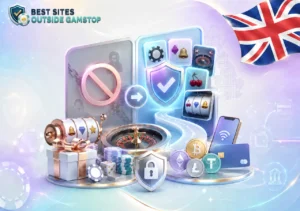 Premium illustration of “Best Sites Outside GamStop” showing non-GamStop casino concept with slots, payments, security shields