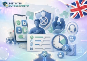 Responsible gambling US illustration with self-exclusion, limit controls, timer, support and safety shield